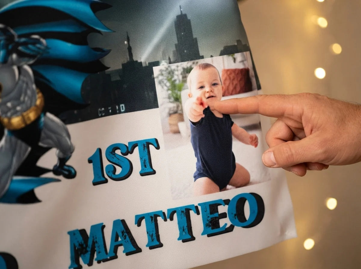 Close-up of the personalised name and photo printed on the Batman Birthday Banner