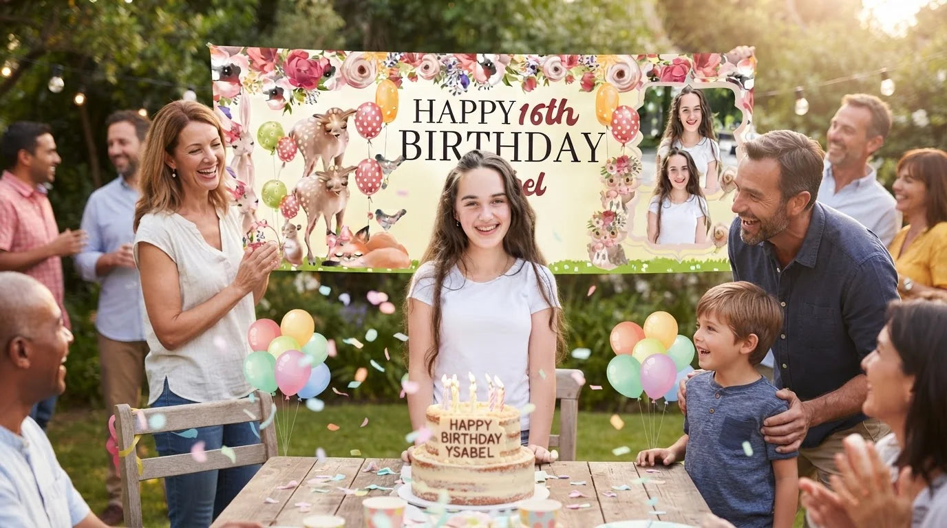 Friends and family celebrating with the personalised Beautiful Forest Birthday Party Banner