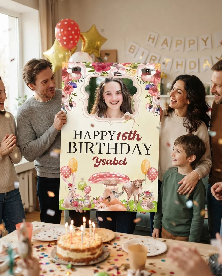 Friends and family celebrating with the personalised Beautiful Forest Birthday Party Mega Card