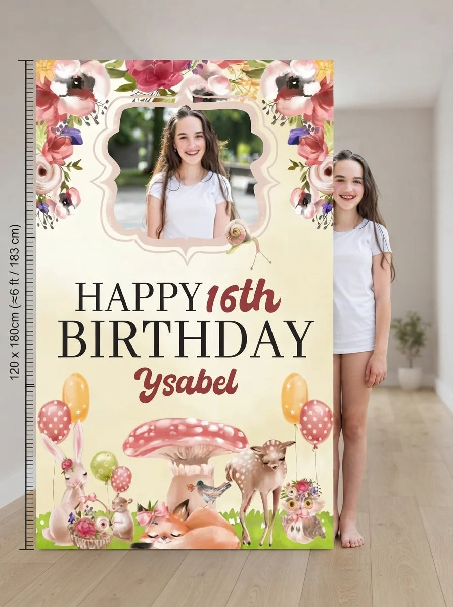 Person standing beside the Beautiful Forest Birthday Party Mega Card for scale in a size guide