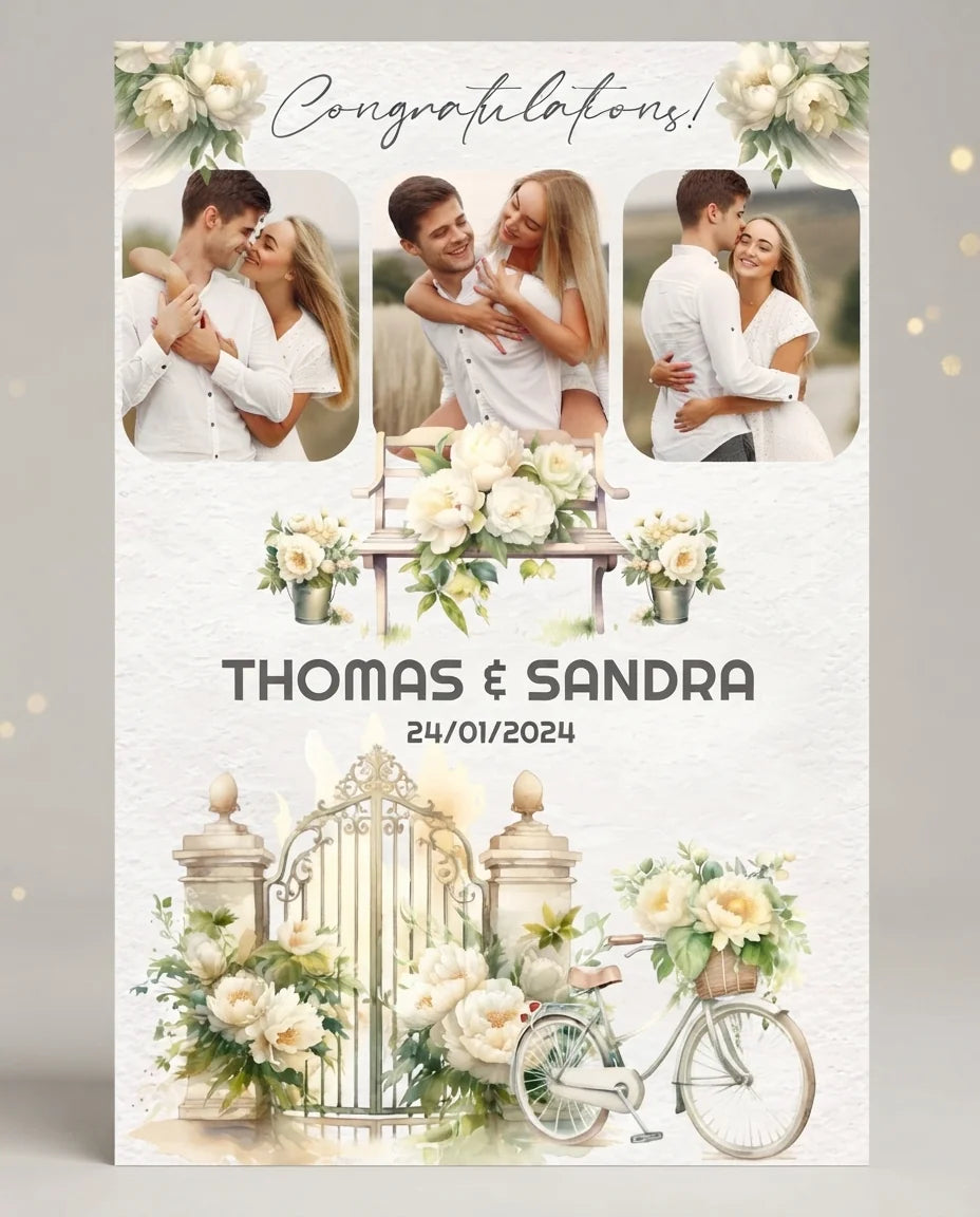 Personalised Beige Peony Theme Wedding Mega Card displayed against a plain studio background