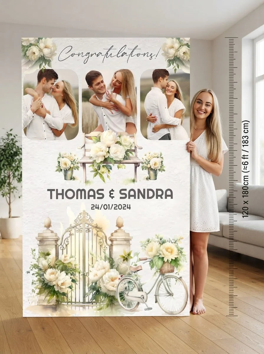 Person standing beside the Beige Peony Theme Wedding Mega Card for scale in a size guide