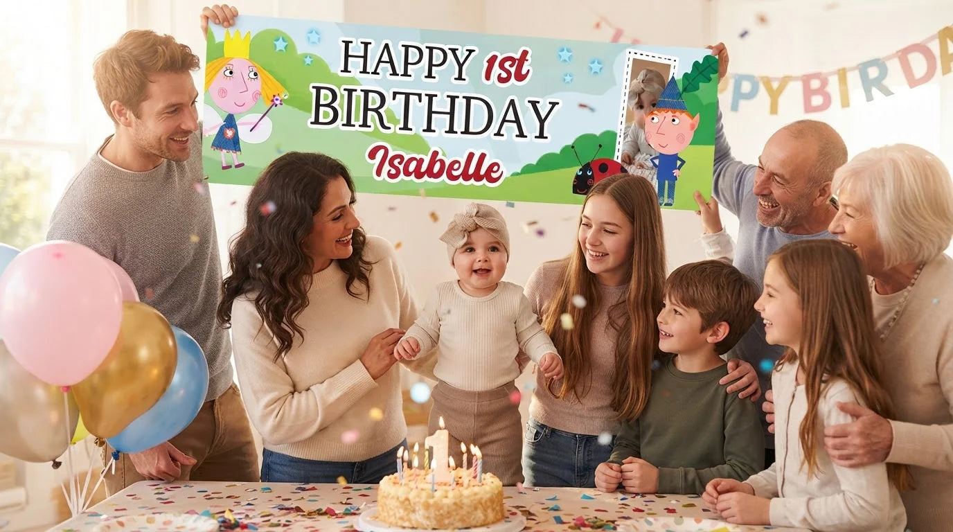 Friends and family celebrating with the personalised Ben and Holly Birthday Banner
