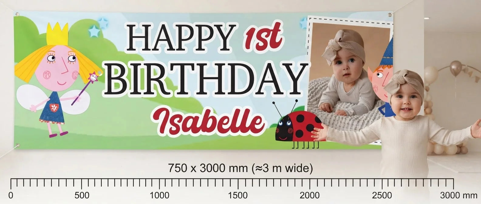 Person standing beside the Ben and Holly Birthday Banner for scale, with size guide showing 750 x 3000 mm