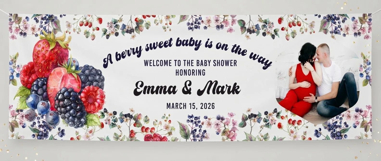 Personalised Berry Sweet Baby Shower Party Banner displayed against a plain studio background