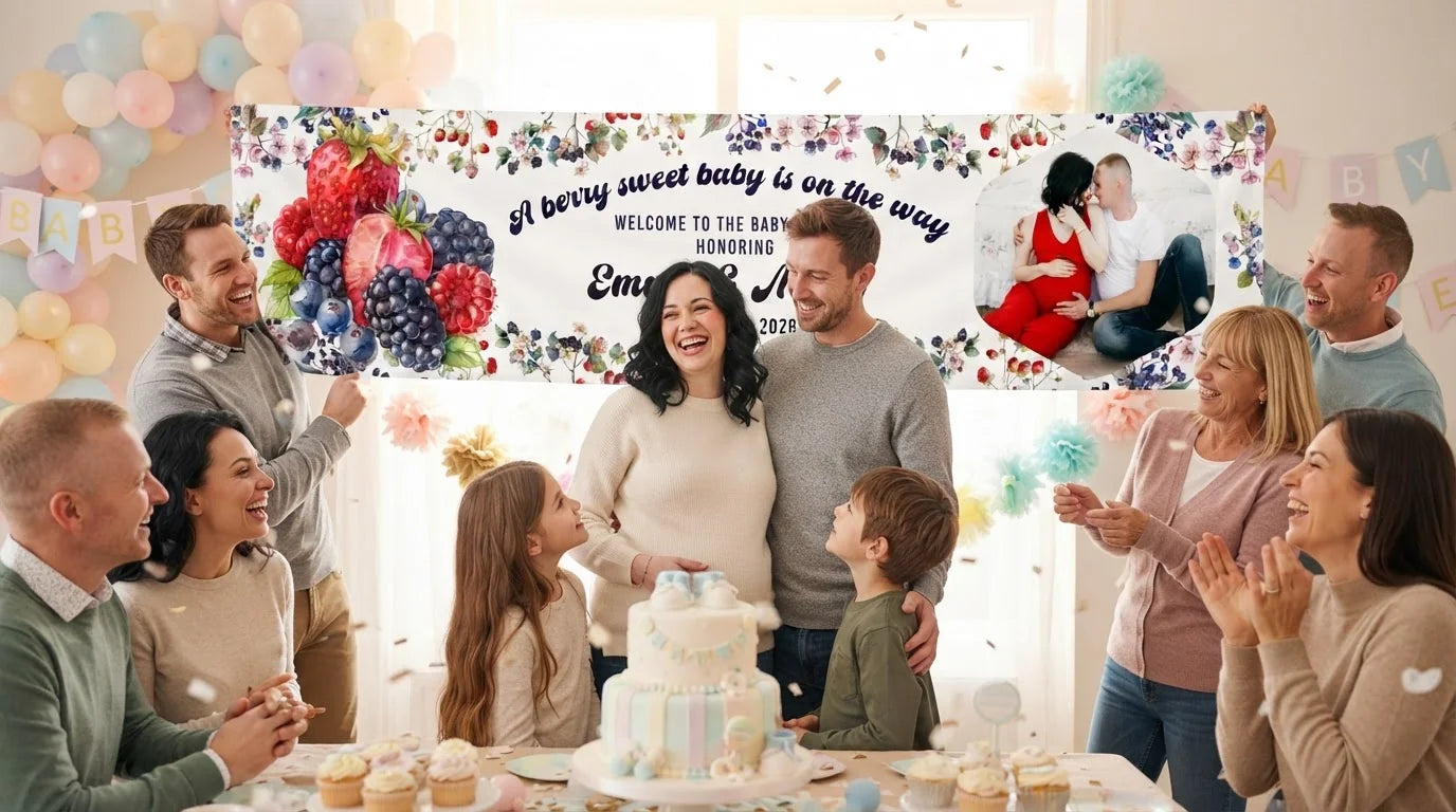 Friends and family celebrating with the personalised Berry Sweet Baby Shower Party Banner