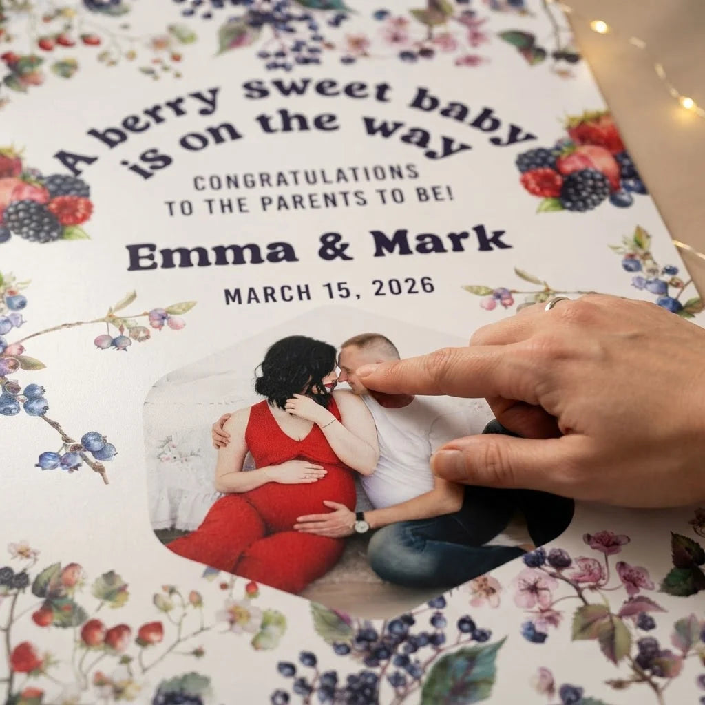 Close-up of the personalised name and photo printed on the Berry Sweet Baby Shower Party Mega Card