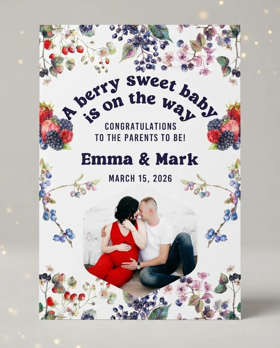 Personalised Berry Sweet Baby Shower Party Mega Card displayed against a plain studio background