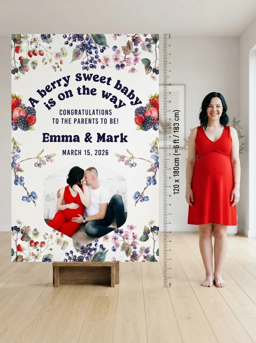 Person standing beside the Berry Sweet Baby Shower Party Mega Card for scale in a size guide