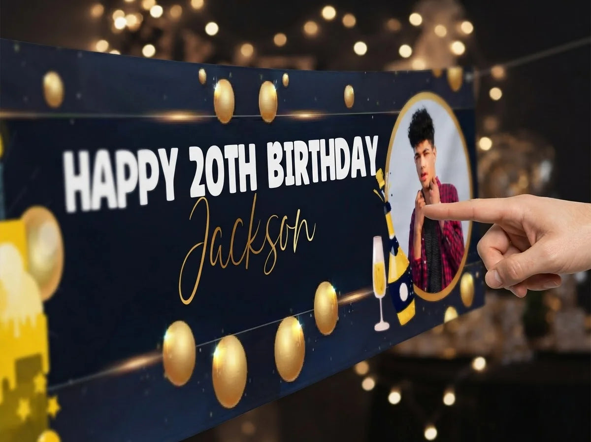 Close-up of the personalised name and photo printed on the Gold and Black Theme Birthday Party Banner