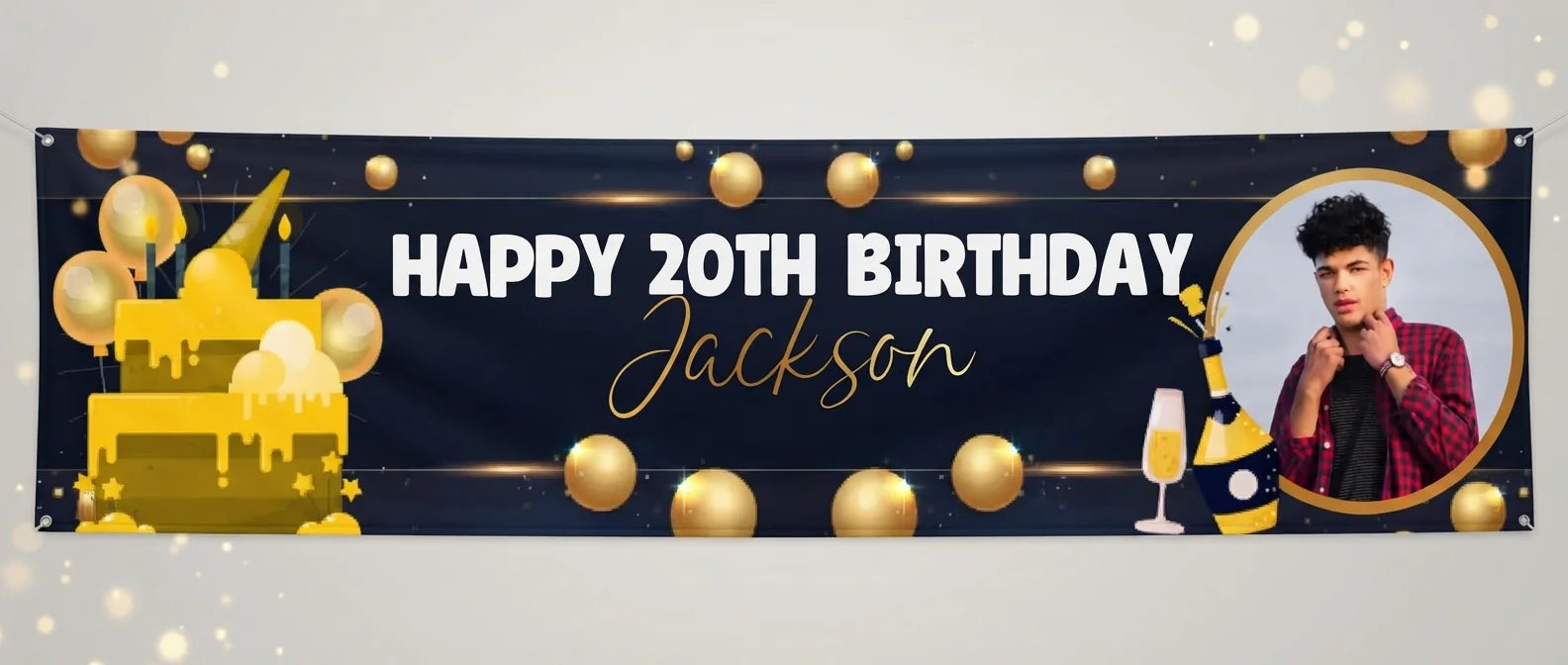Personalised Gold and Black Theme Birthday Party Banner displayed against a plain studio background