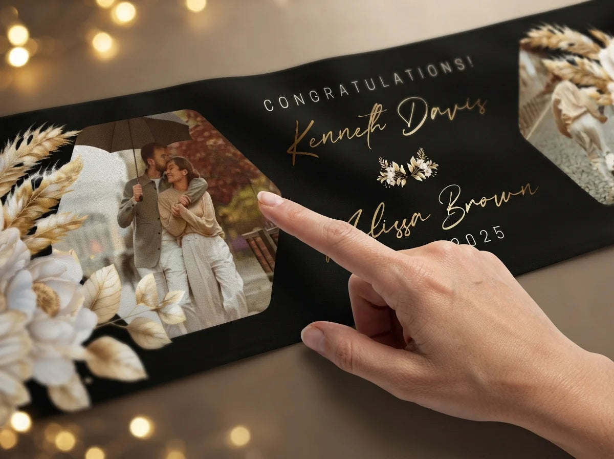 Close-up of the personalised name and photo printed on the Black and Gold Theme Wedding Banner