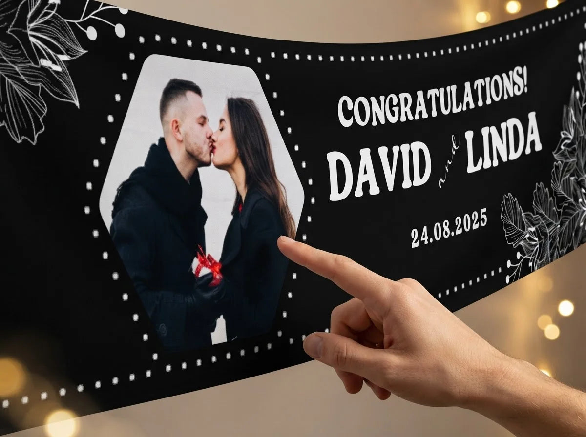 Close-up of the personalised name and photo printed on the Black and White Theme Wedding Banner