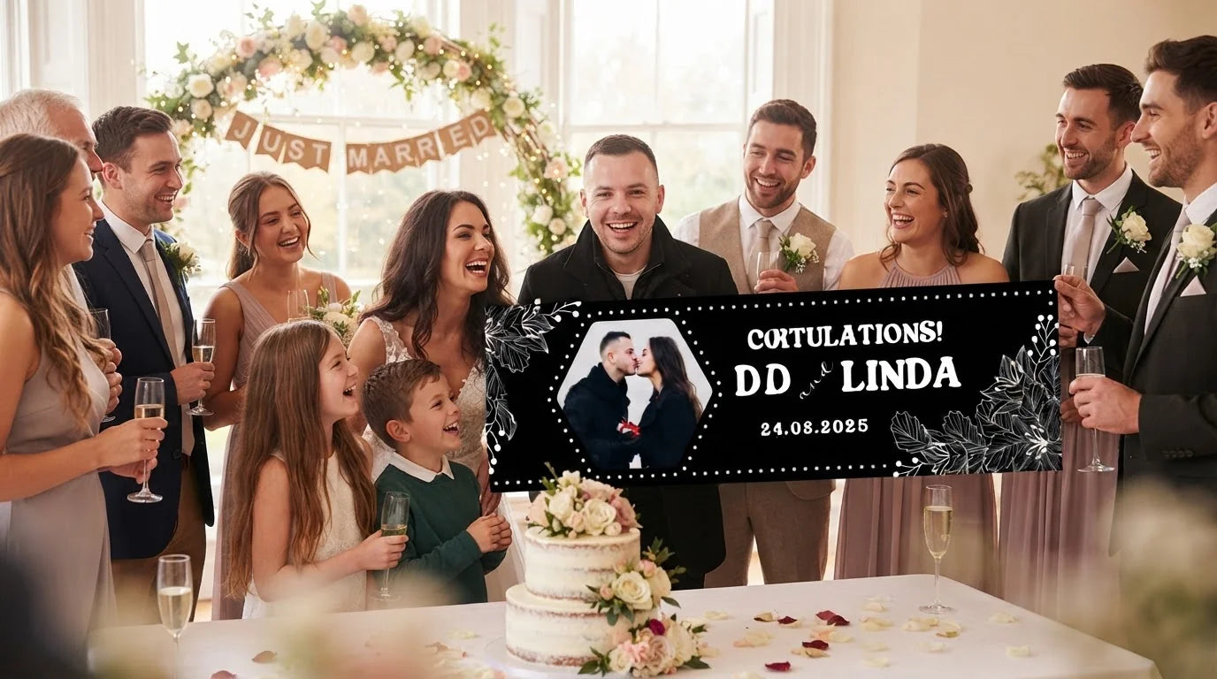 Friends and family celebrating with the personalised Black and White Theme Wedding Banner