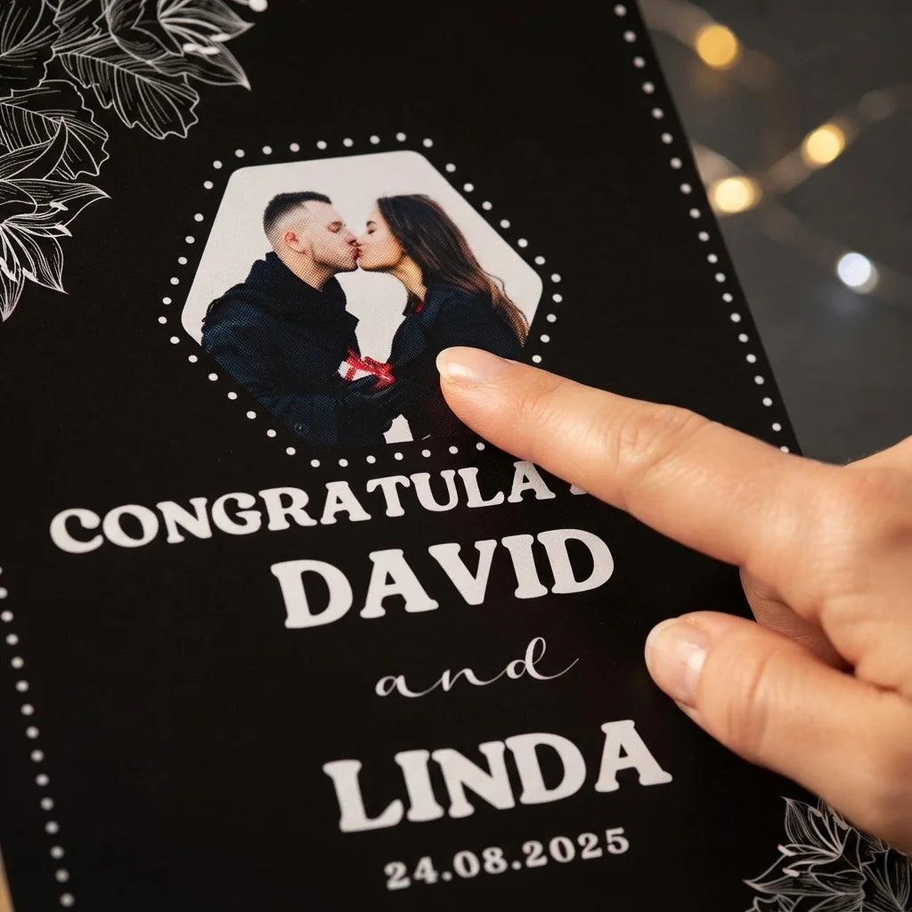 Close-up of the personalised name and photo printed on the Black and White Theme Wedding Mega Card