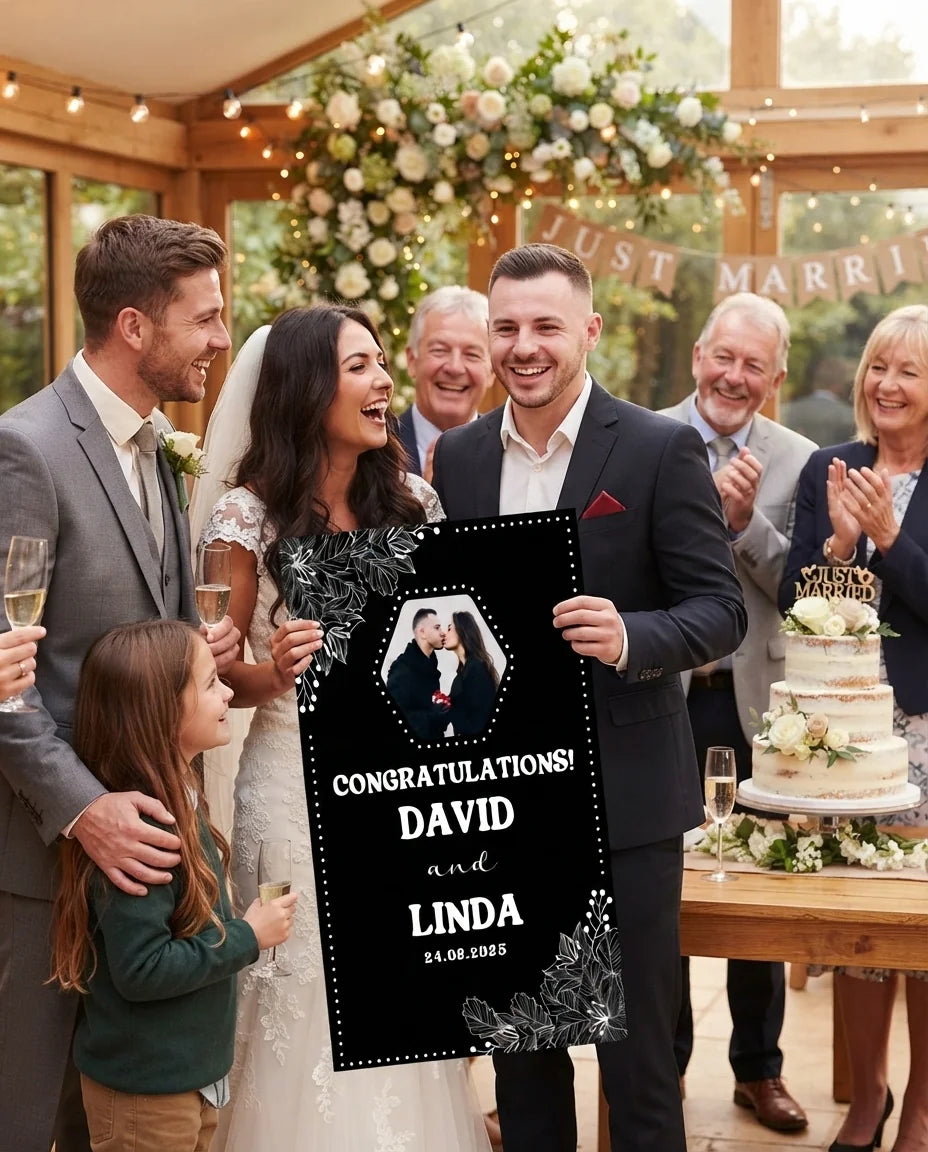 Friends and family celebrating with the personalised Black and White Theme Wedding Mega Card