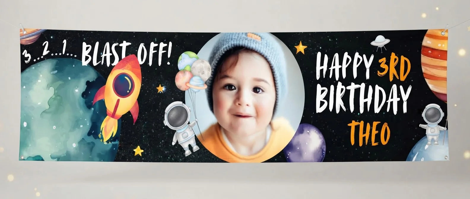 Personalised Blast Off Outerspace Birthday Party Banner displayed against a plain studio background