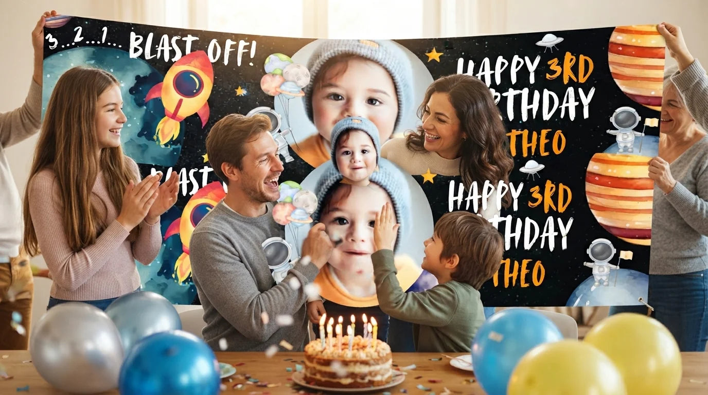 Friends and family celebrating with the personalised Blast Off Outerspace Birthday Party Banner