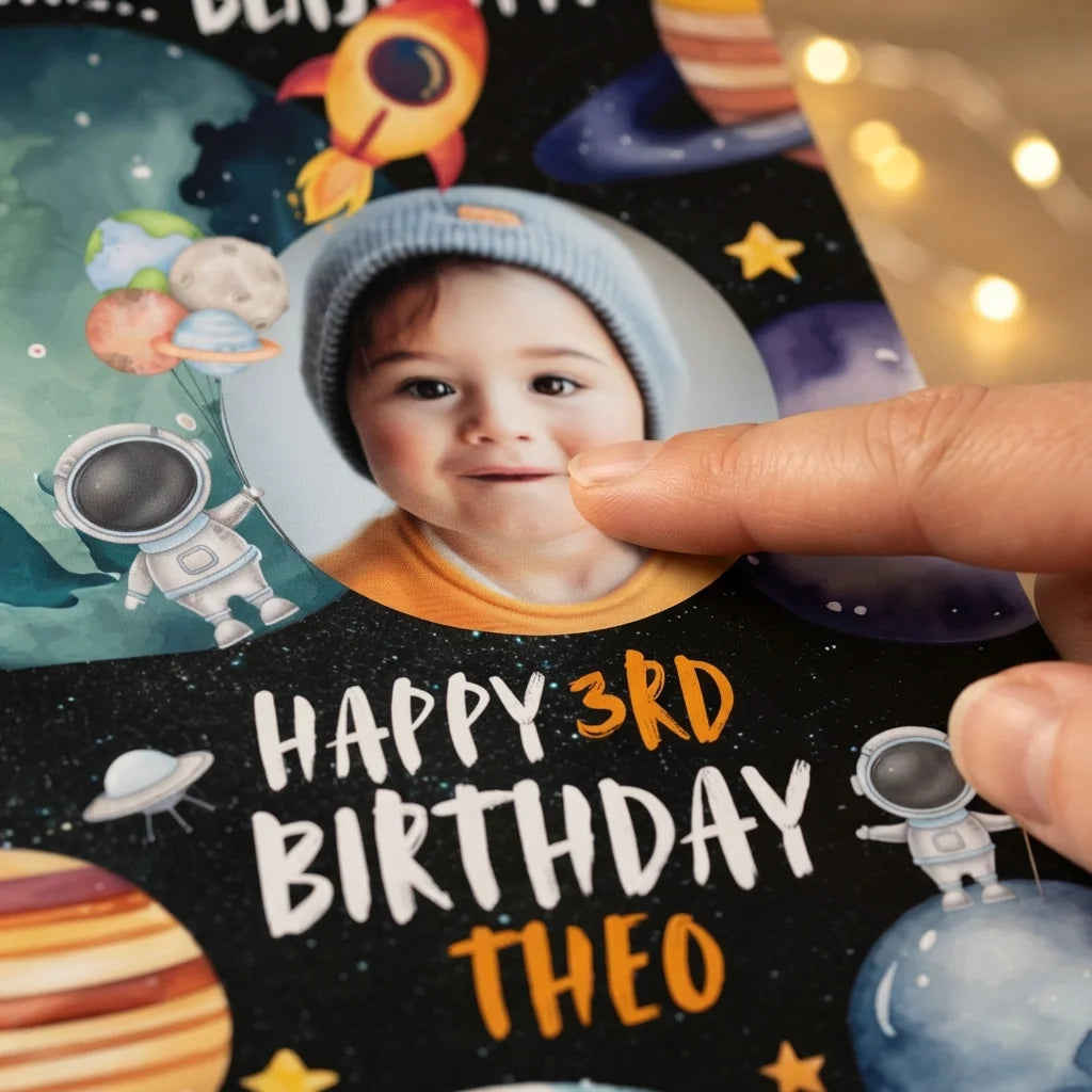 Close-up of the personalised name and photo printed on the Blast Off Outerspace Birthday Party Mega Card