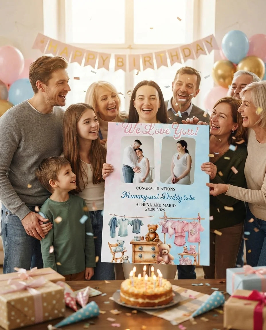 Friends and family celebrating with the personalised Blue Pink What Do you think Gender Reveal Party Mega Card