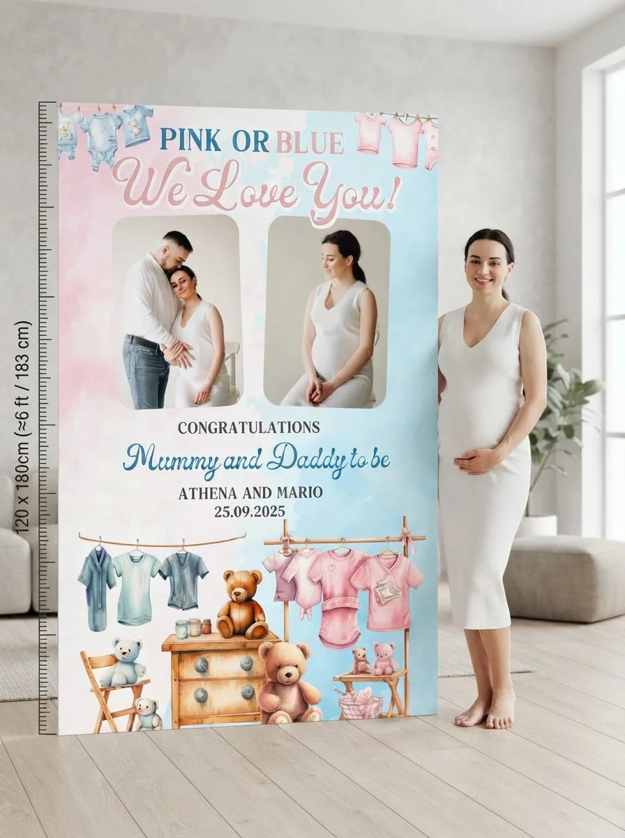Person standing beside the Blue Pink What Do you think Gender Reveal Party Mega Card for scale in a size guide