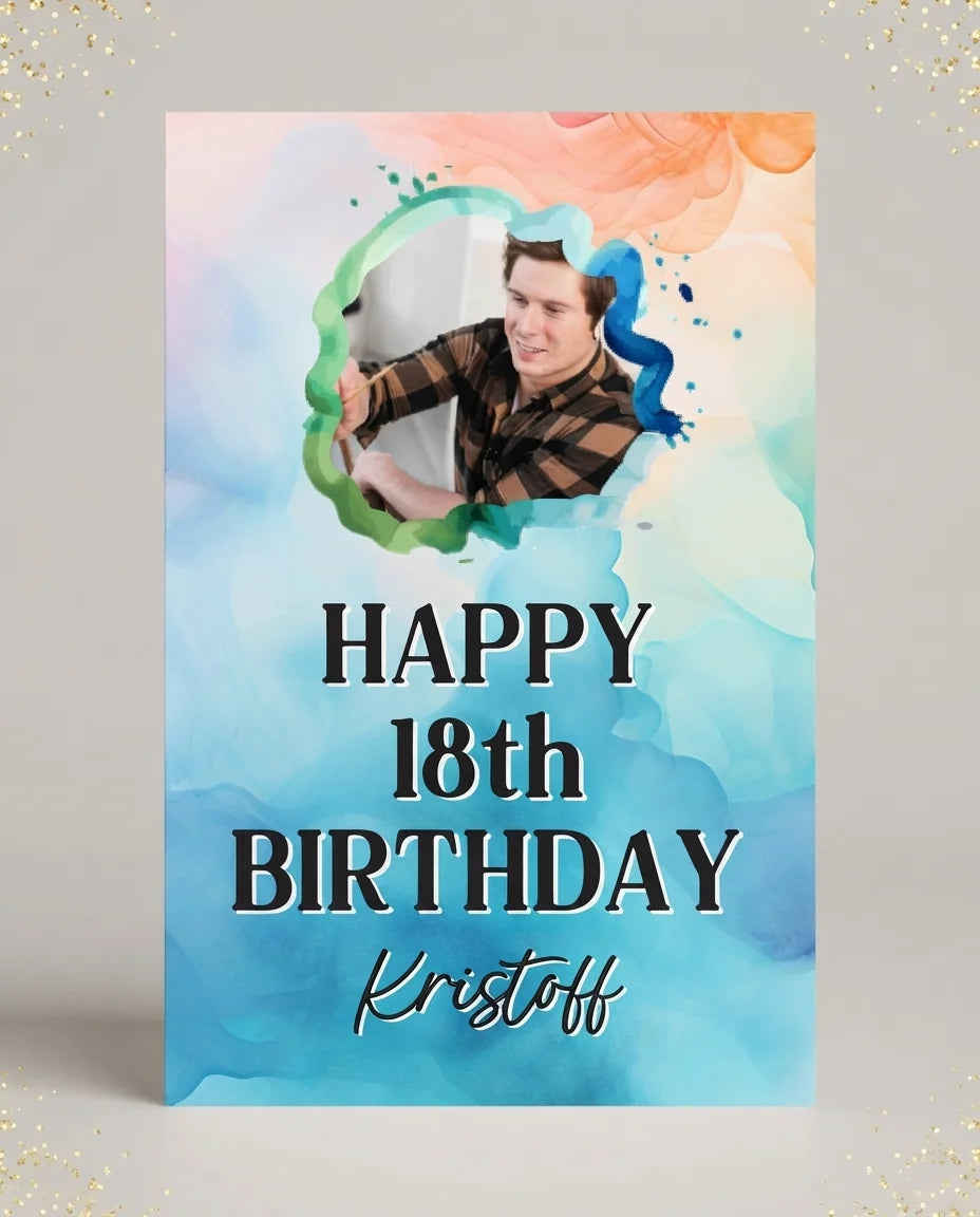 Personalised Blue Watercolor Theme Birthday Mega Card displayed against a plain studio background