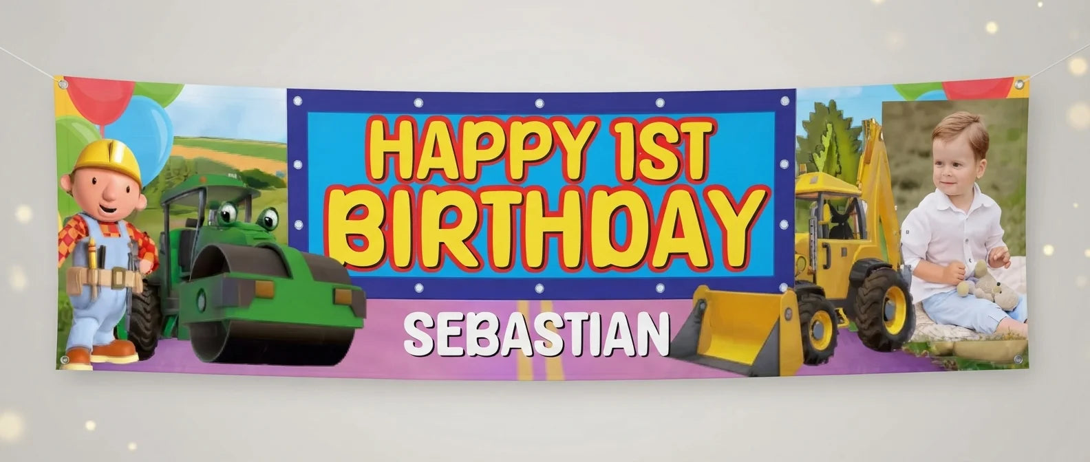 Personalised Bob The Builder Birthday Banner displayed against a plain studio background
