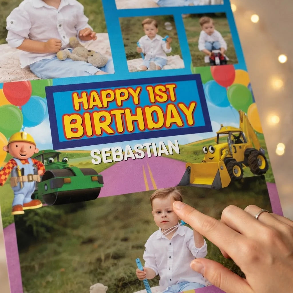 Close-up of the personalised name and photo printed on the Bob The Builder Mega Card