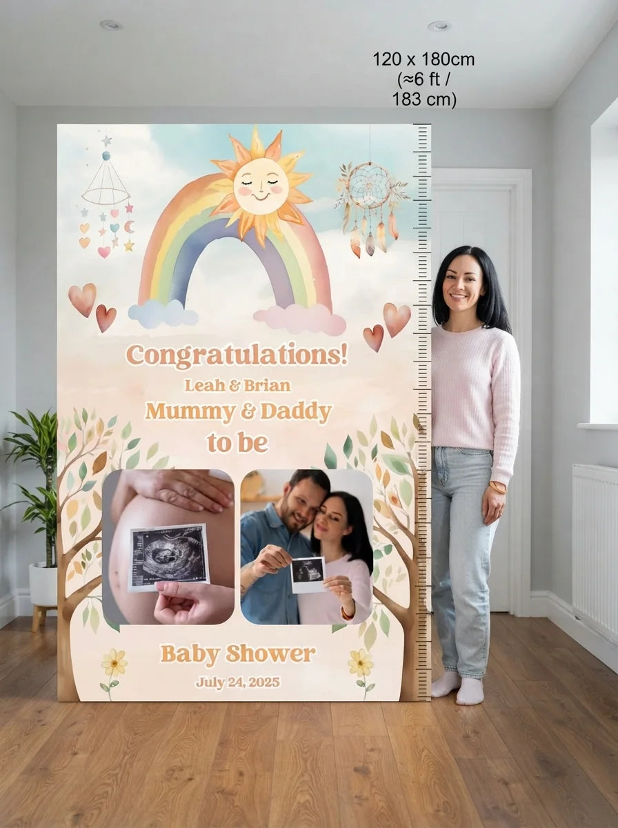 Person standing beside the Boho and Rainbow Theme Baby Shower Mega Card for scale in a size guide