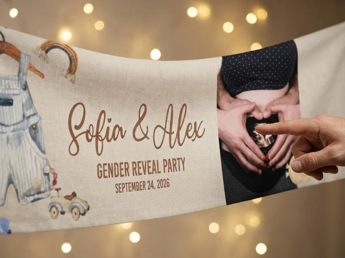 Close-up of the personalised name and photo printed on the Boho Girl or Boy Gender Reveal Party Banner