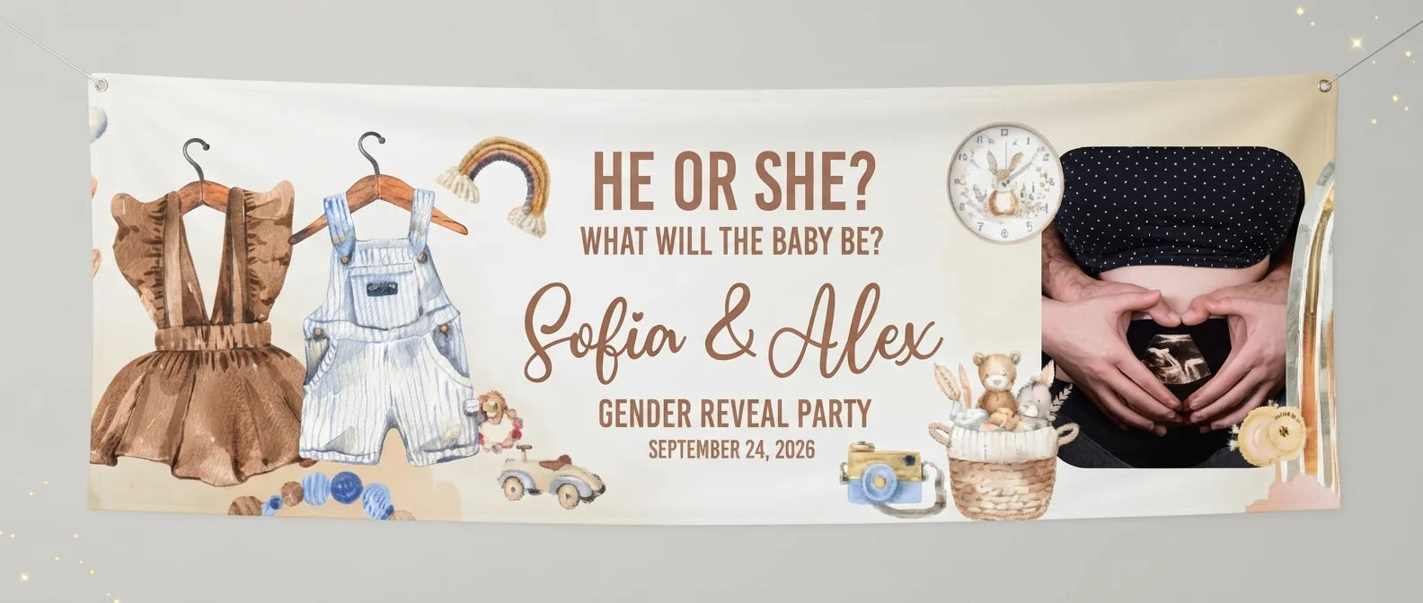 Personalised Boho Girl or Boy Gender Reveal Party Banner displayed against a plain studio background