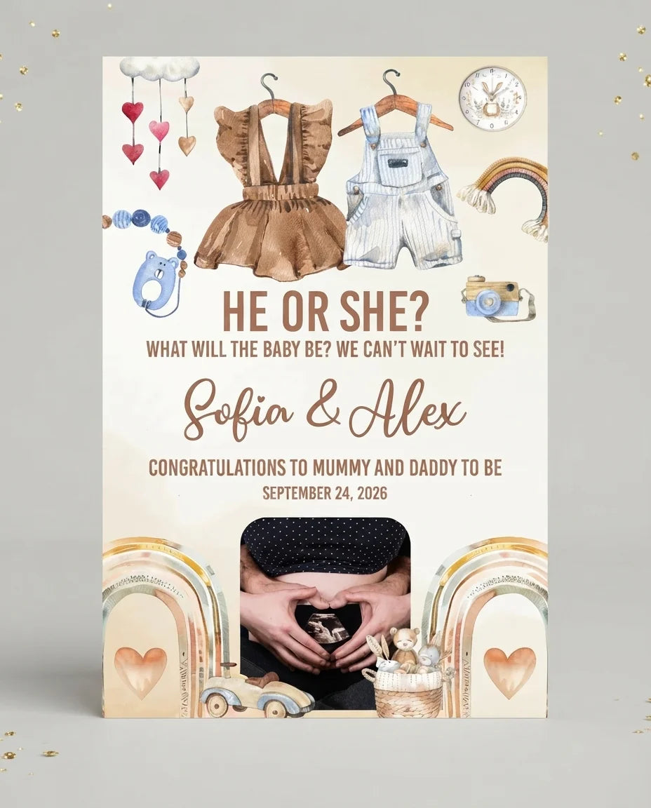 Personalised Boho Girl or Boy Gender Reveal Party Mega Card displayed against a plain studio background