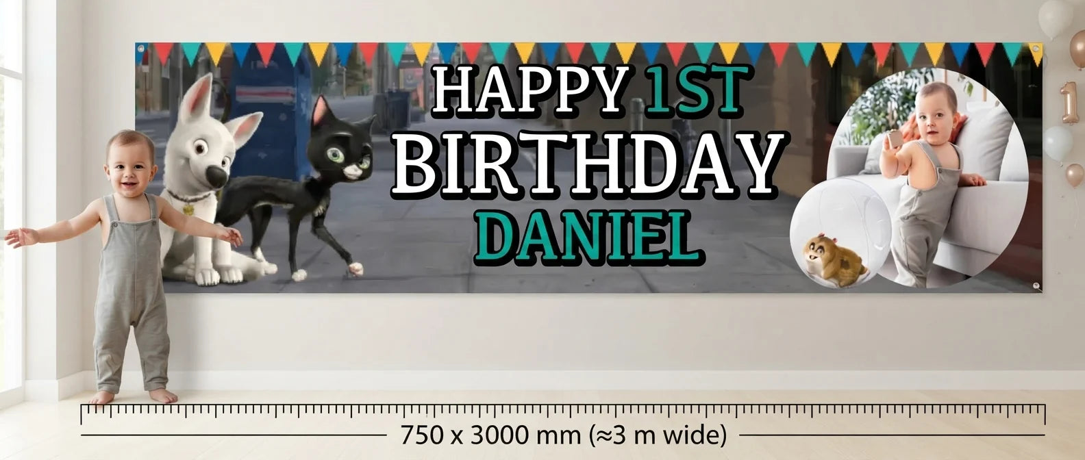 Person standing beside the Bolt Birthday Banner for scale, with size guide showing 750 x 3000 mm