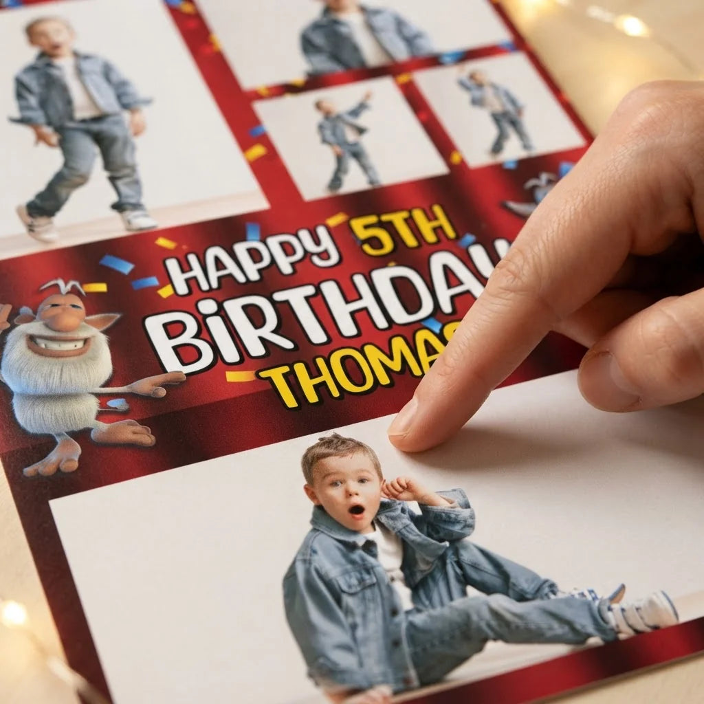 Close-up of the personalised name and photo printed on the Booba Mega Card