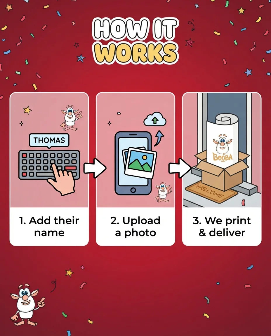 How it works: add a name, upload a photo, and we print and deliver the Booba Mega Card