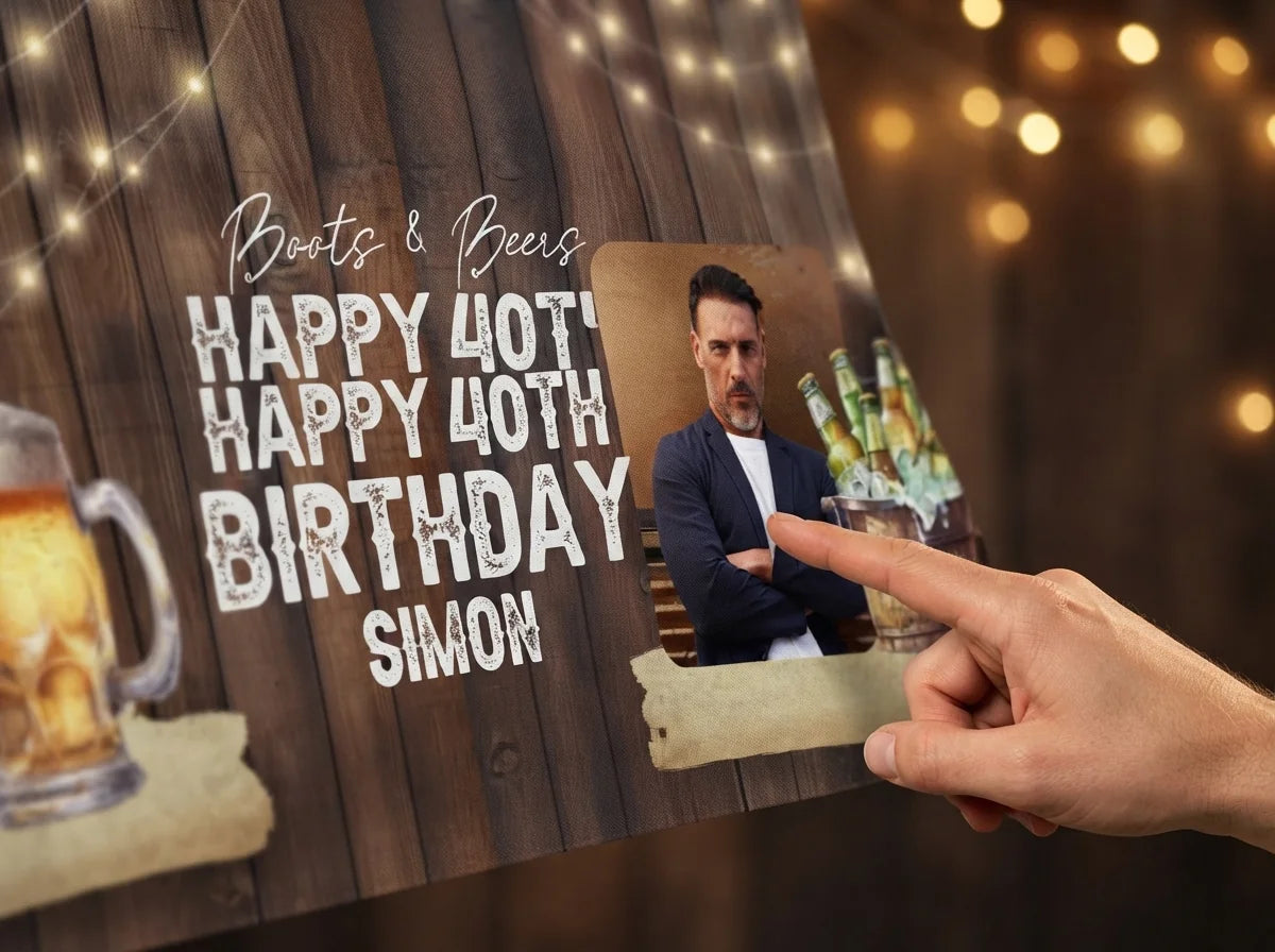 Close-up of the personalised name and photo printed on the Boots and Beers Birthday Party Banner