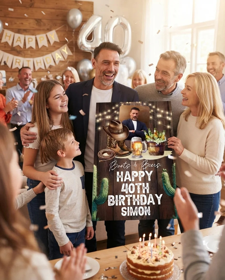 Friends and family celebrating with the personalised Boots and Beers Birthday Party Mega Card