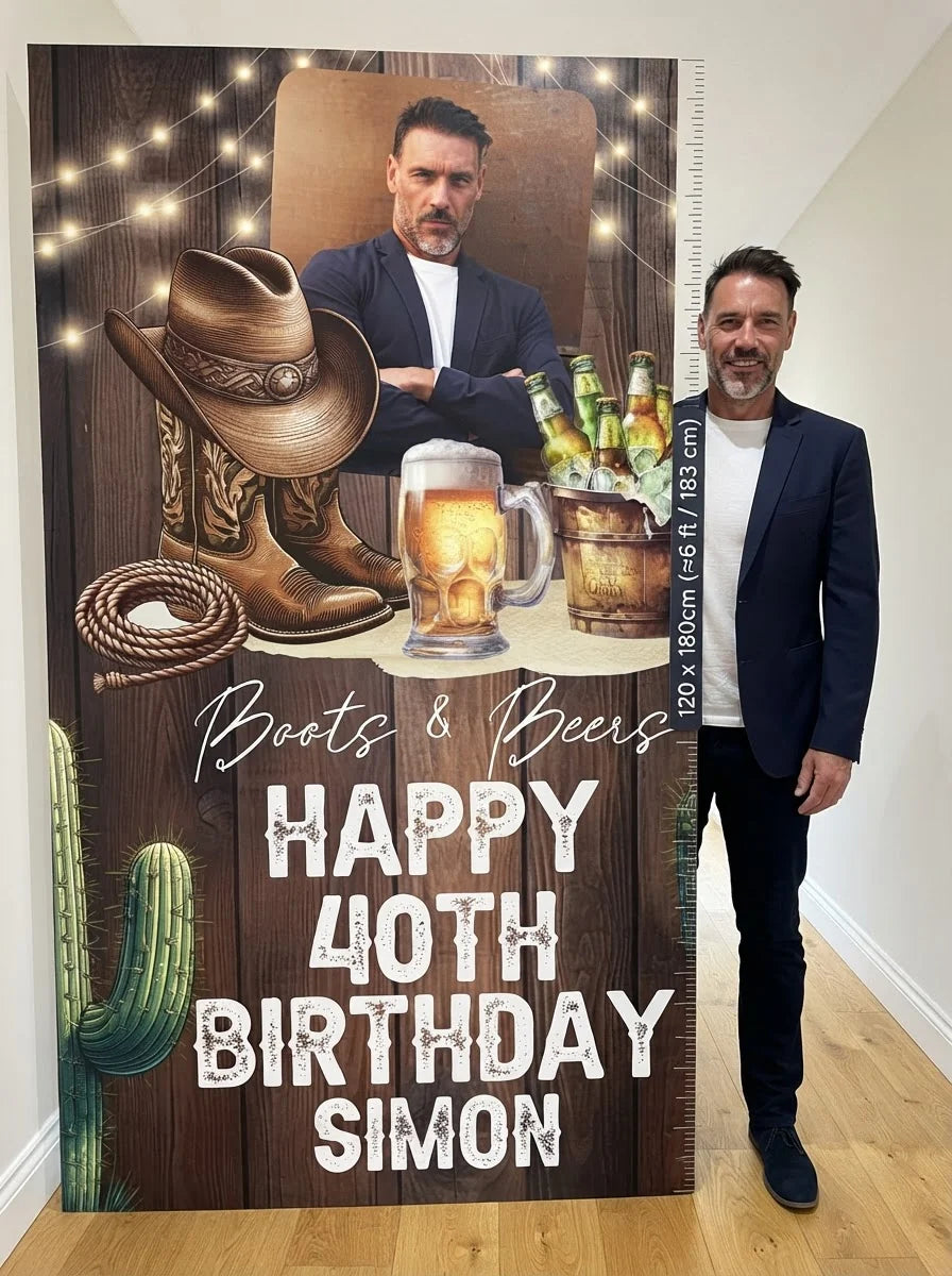 Person standing beside the Boots and Beers Birthday Party Mega Card for scale in a size guide