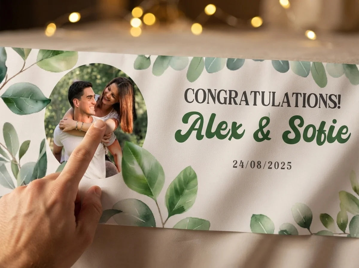 Close-up of the personalised name and photo printed on the Botanical Theme Wedding Banner