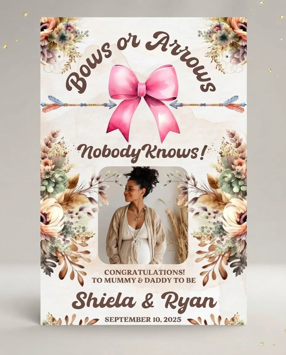 Personalised Bows or Arrows Gender Reveal Mega Card displayed against a plain studio background