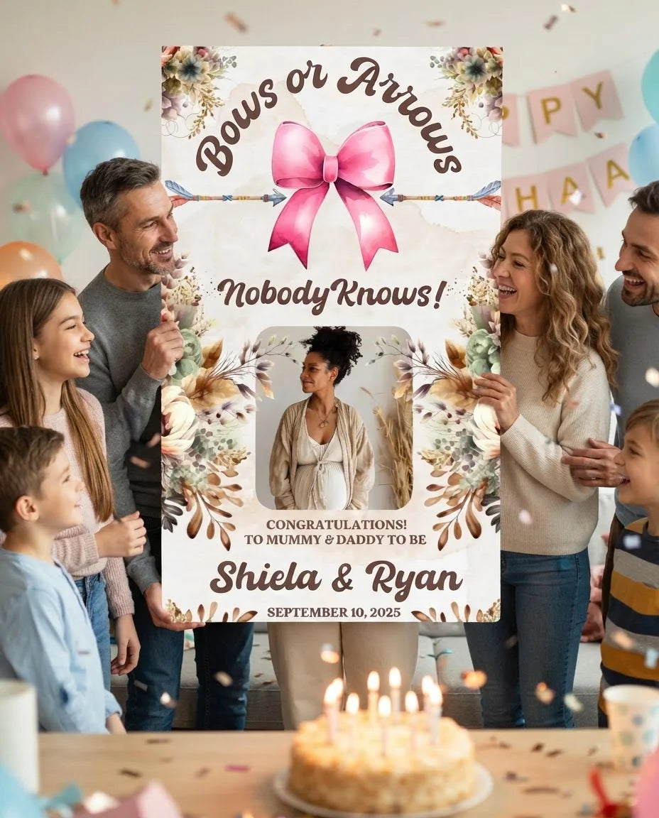 Friends and family celebrating with the personalised Bows or Arrows Gender Reveal Mega Card