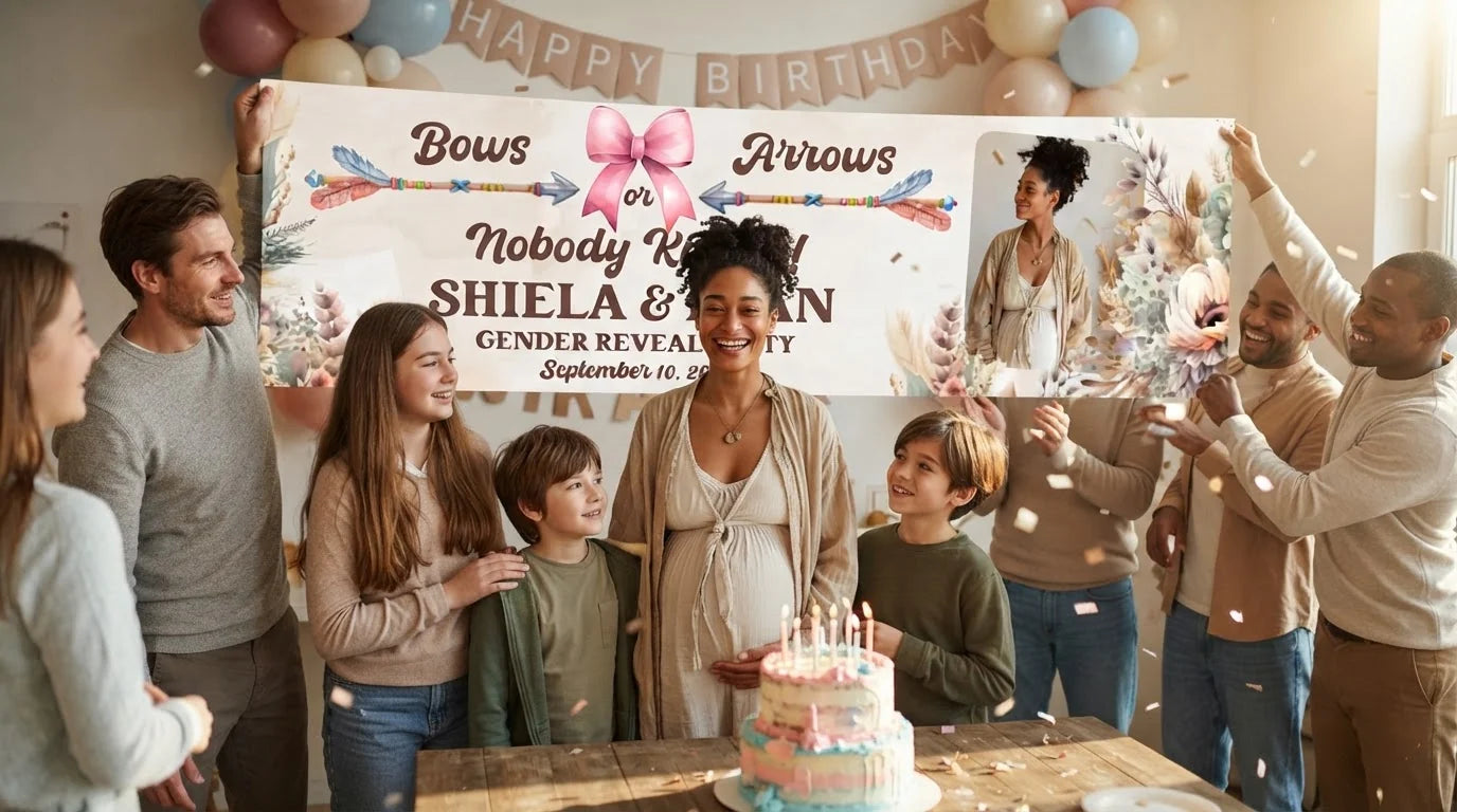 Friends and family celebrating with the personalised Bows or Arrows Gender Reveal Party