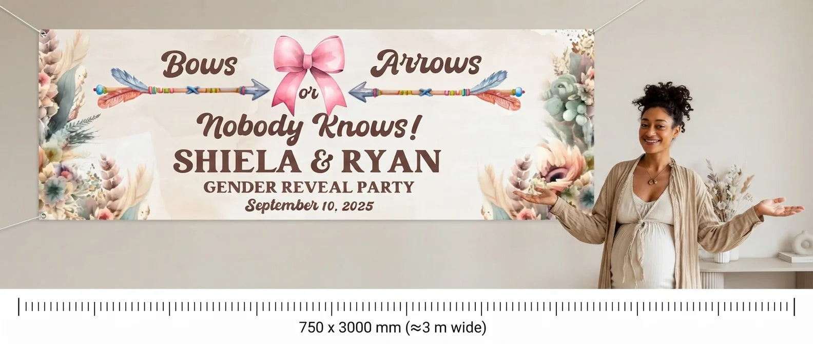 Person standing beside the Bows or Arrows Gender Reveal Party for scale, with size guide showing 750 x 3000 mm