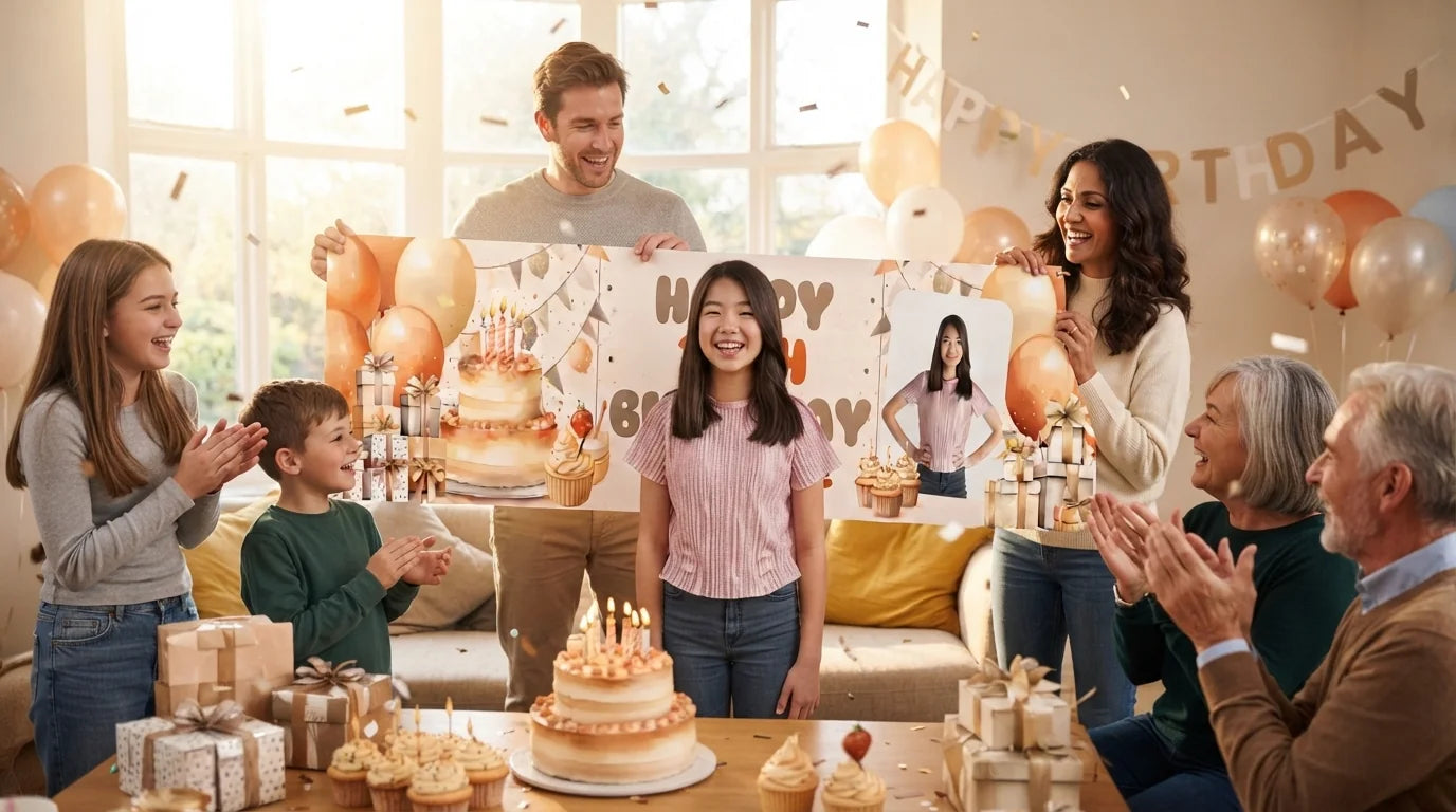 Friends and family celebrating with the personalised Bronze Elegant Birthday Party Banner