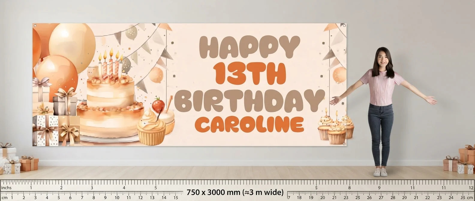 Person standing beside the Bronze Elegant Birthday Party Banner for scale, with size guide showing 750 x 3000 mm