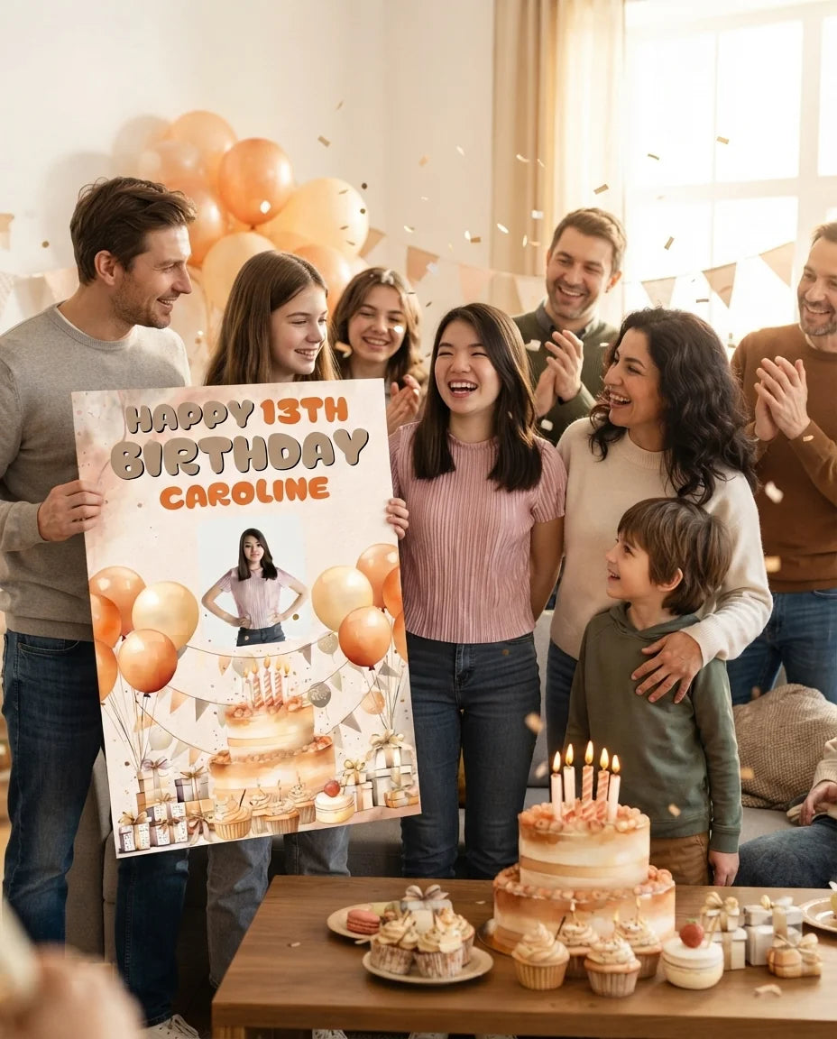 Friends and family celebrating with the personalised Bronze Elegant Birthday Party Mega Card
