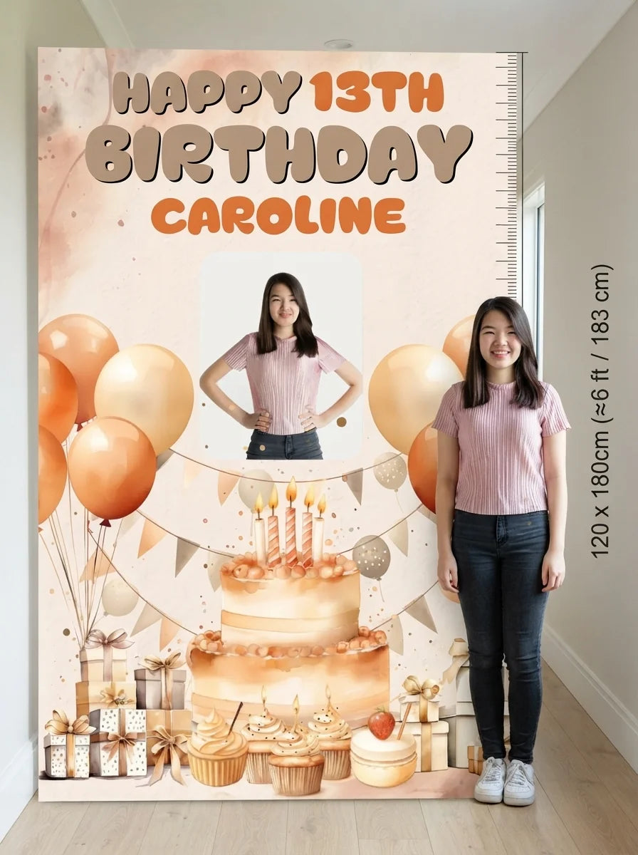 Person standing beside the Bronze Elegant Birthday Party Mega Card for scale in a size guide