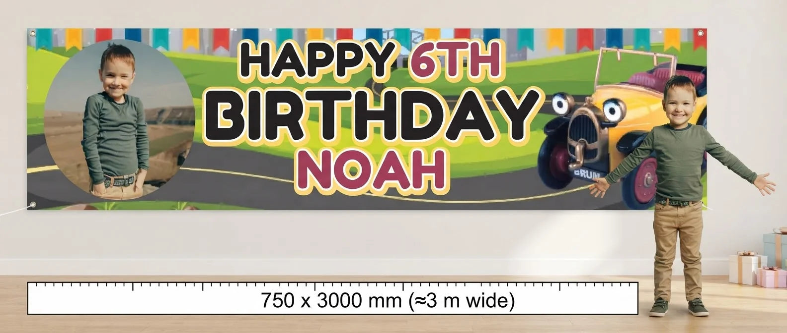 Person standing beside the Brum Birthday Banner for scale, with size guide showing 750 x 3000 mm