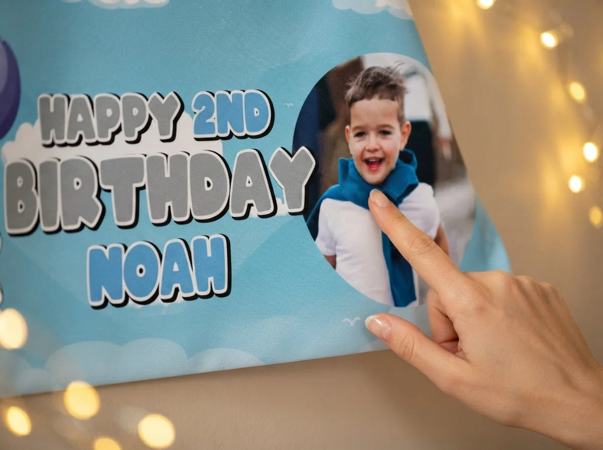 Close-up of the personalised name and photo printed on the Bugs Bunny Birthday Banner
