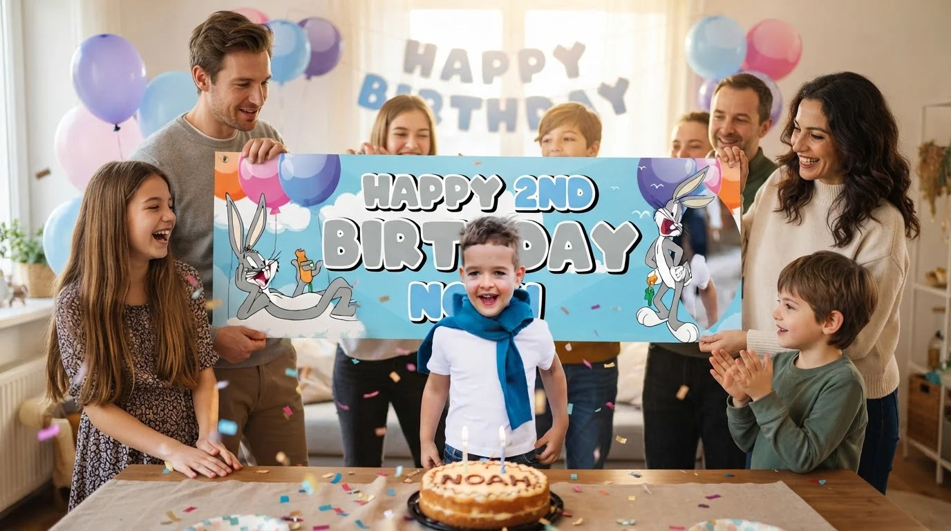 Friends and family celebrating with the personalised Bugs Bunny Birthday Banner